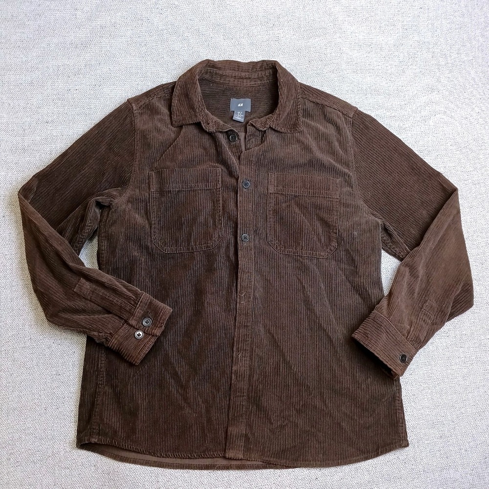 H&M Corduroy Button Down Shirt Mens Medium Brown Excellent Long Sleeve Pockets